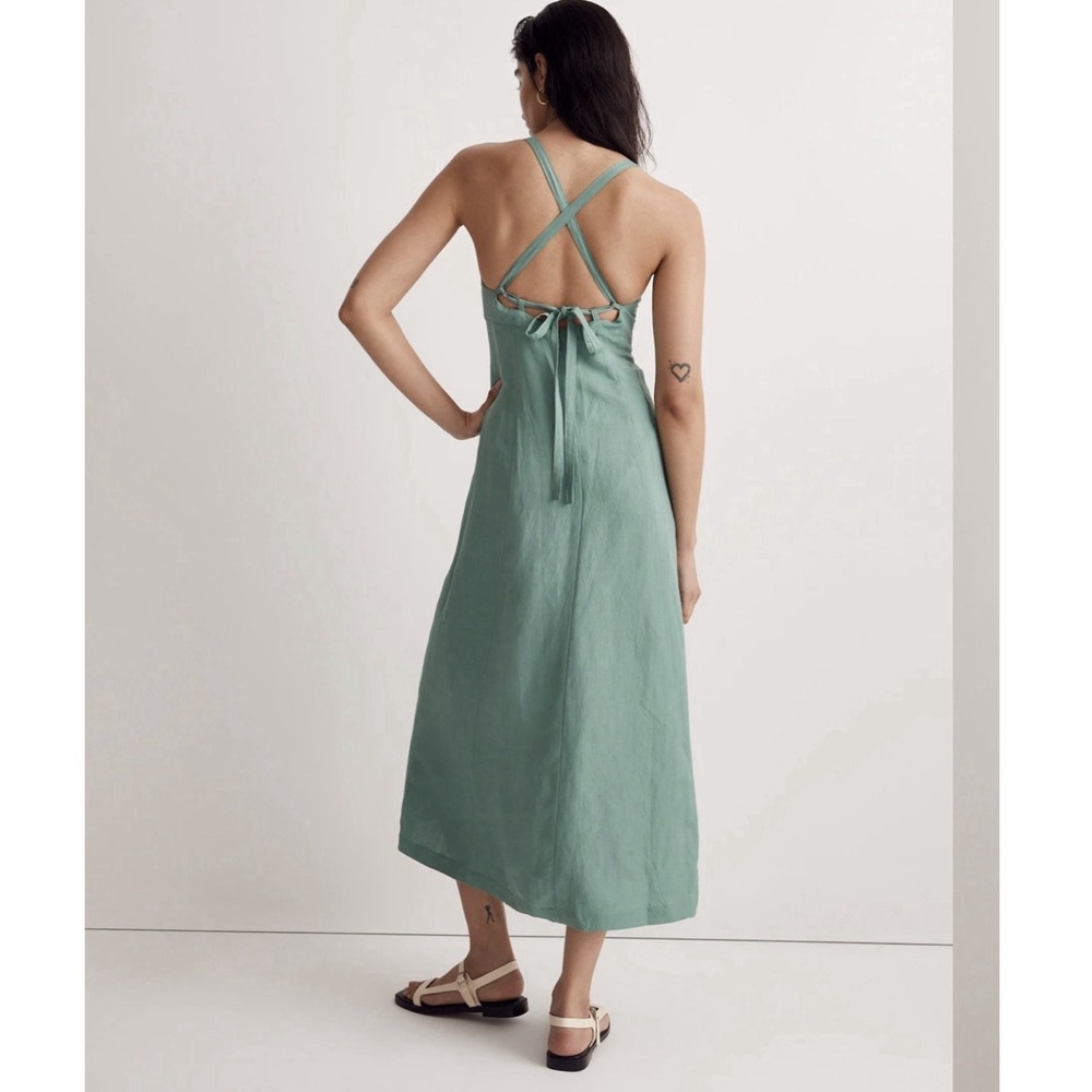Madewell Tie-Back Midi Cami Dress 00 Boho Lagenlook Green Linen Blend Fairy Scan - Picture 3 of 16